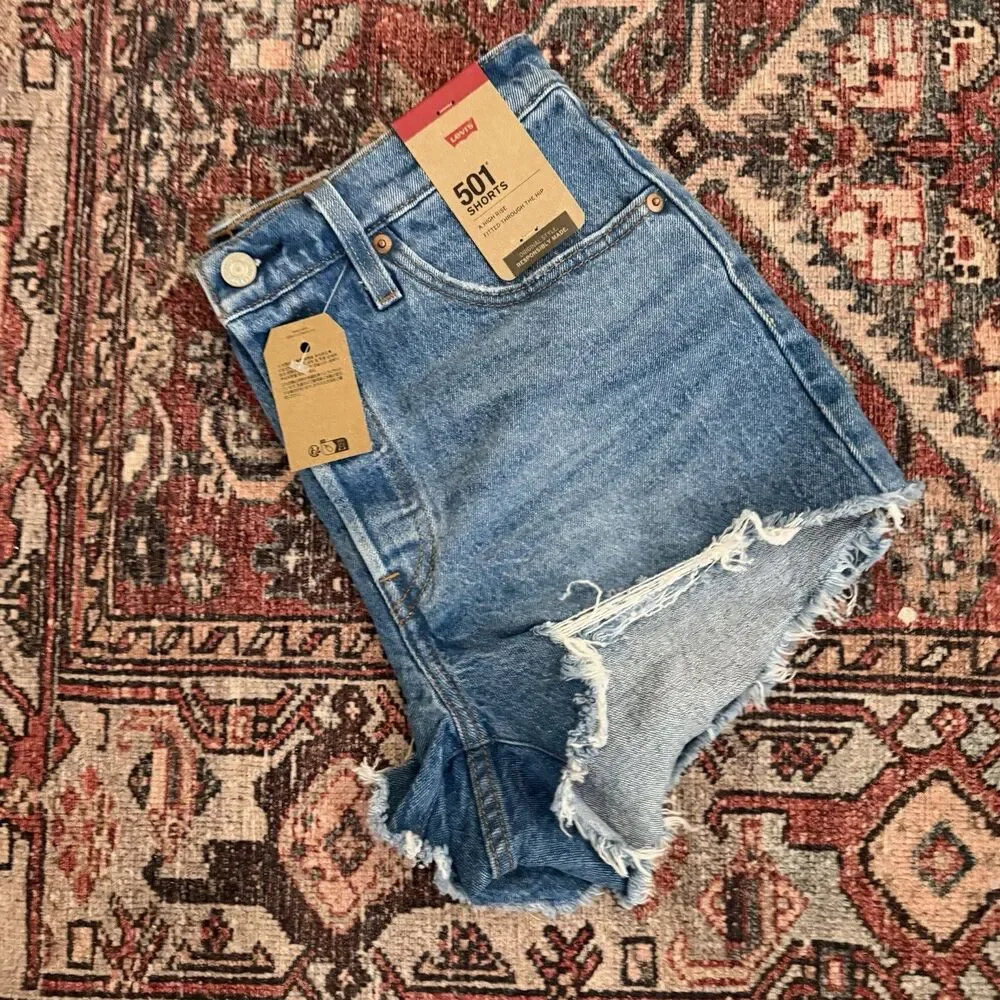 Levi’s 501 High Rise Women’s Shorts Size 28 Medium Wash Cut Off Blue Denim NWT - Picture 10 of 15